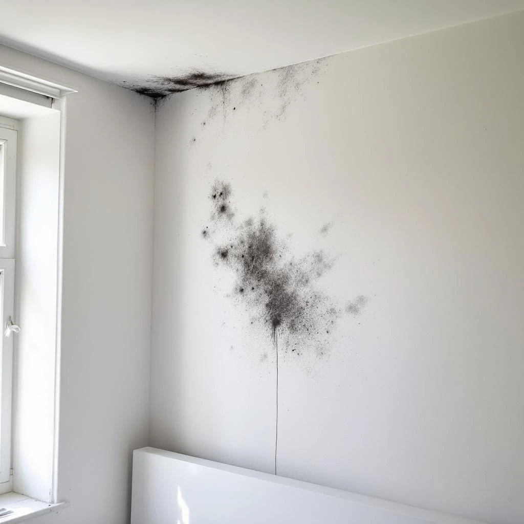 Schimmel in de hoek van een Belgische slaapkamer - zwarte vlekken die vochtbehandeling vereisen